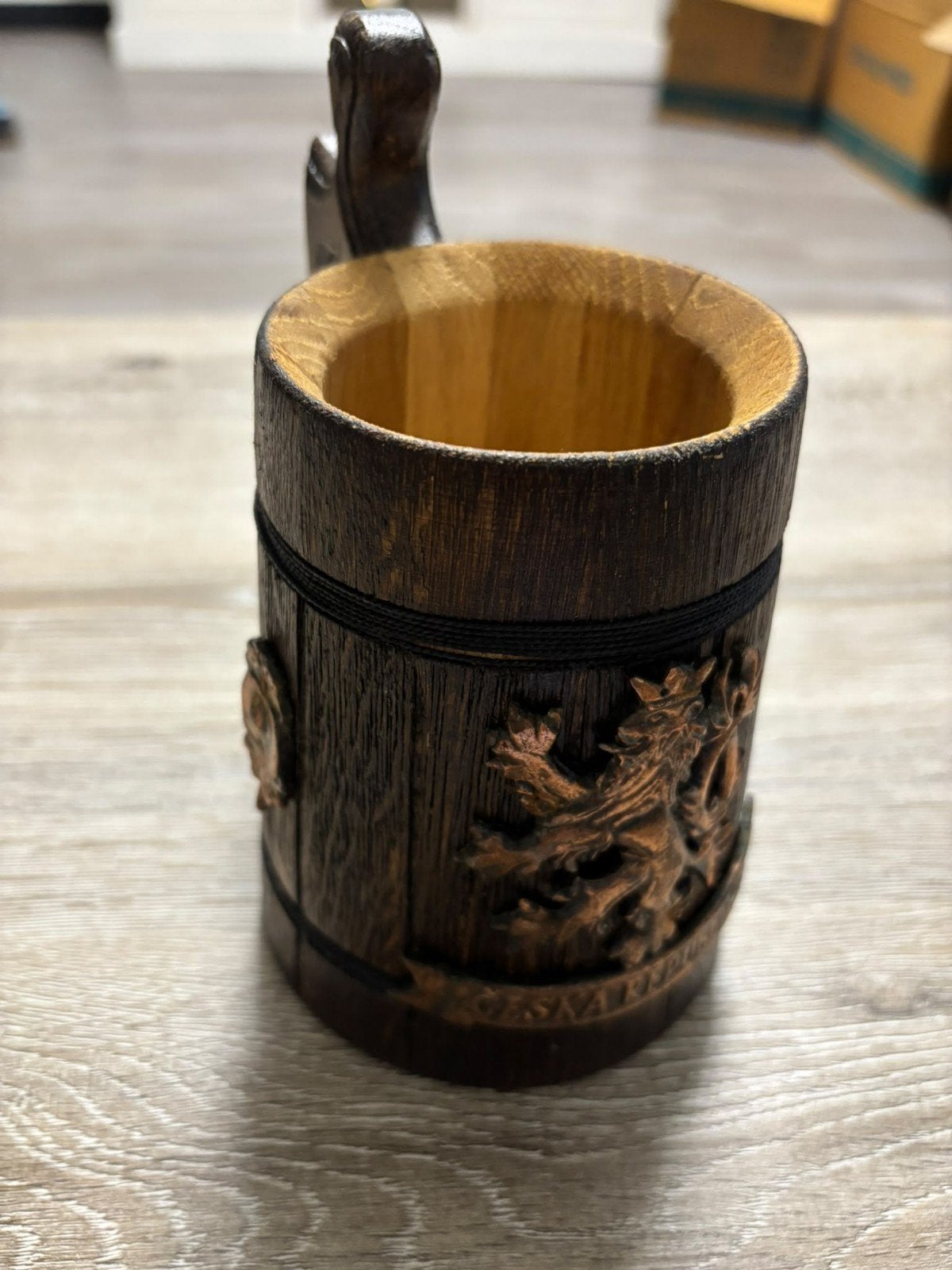 Vintage houten bierpul Tsjechise republiek leeuw, Ophalen, Zo goed als nieuw, Hout, Overige typen
