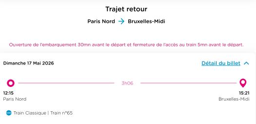 Vends billets train Paris - Bruxelles 17 mai, Tickets & Billets, Trois personnes ou plus, Train, Billet normal