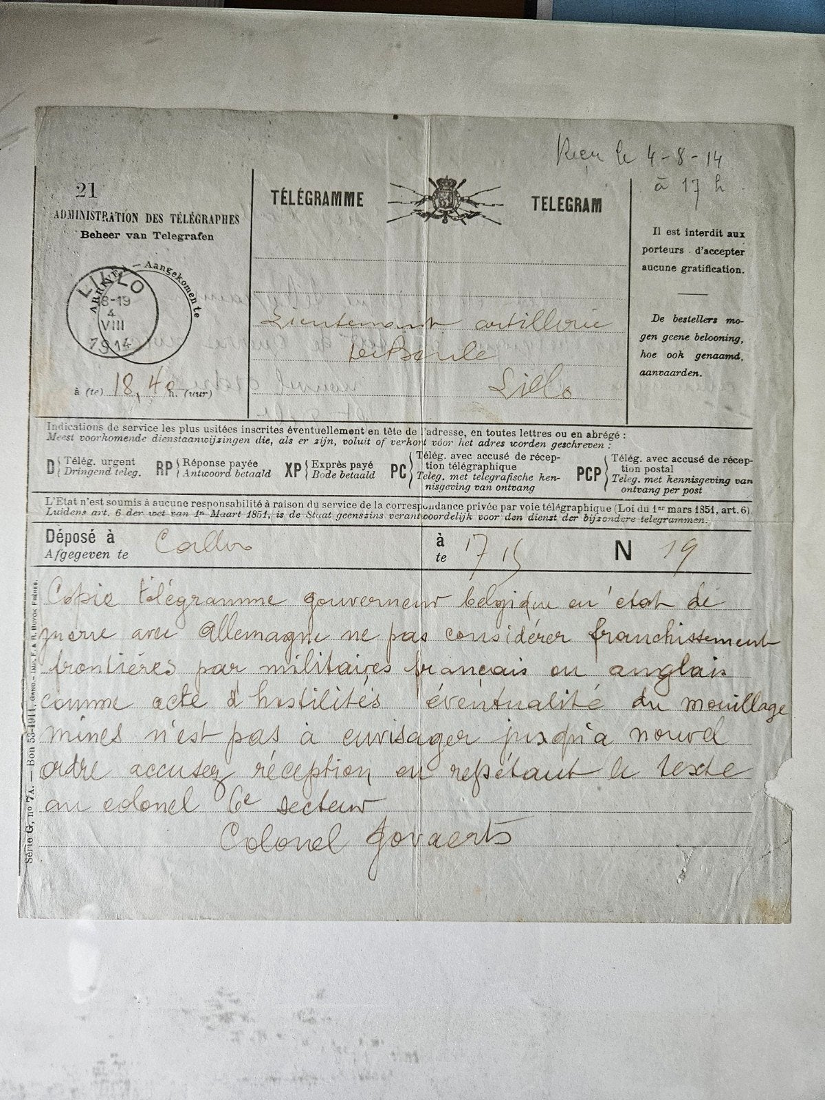 Telegram start  WO 1 in Belgie, Enlèvement ou Envoi