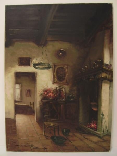 CARL ESTER : Interieur in olieverf op canvas van 50x70cm, Antiek en Kunst, Ophalen