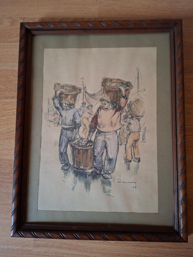 tekening visdragers, Antiek en Kunst, Kunst | Tekeningen en Fotografie, Ophalen