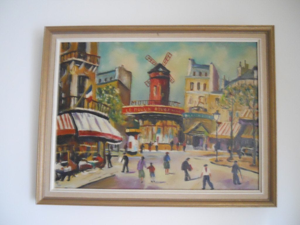 Olieverfschilderij — De Moulin Rouge, Parijs, Ophalen, Doek, Landschap, Klassiek