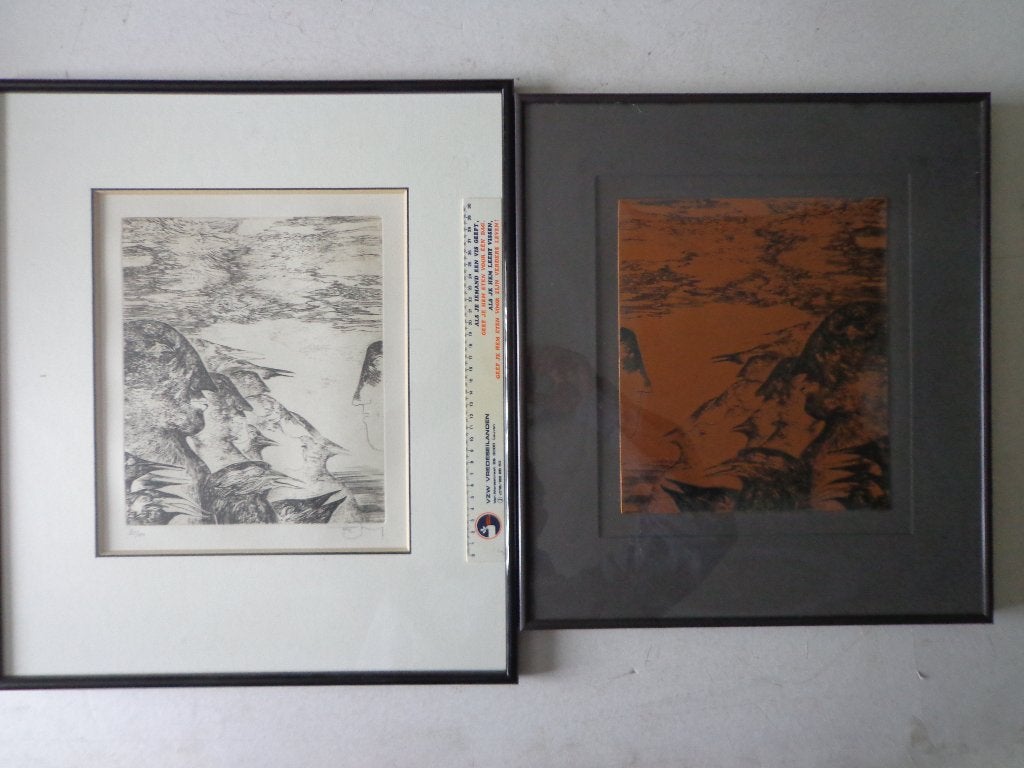 etsplaat en surrealistische ets van Frans Minnaert, Ophalen, Ets, Ingelijst, 1950 - 1999