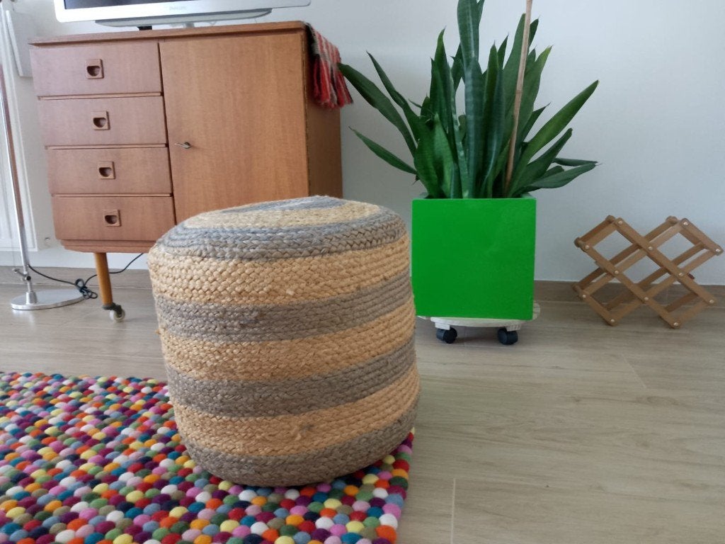 A VENDRE : Pouf de style bohème (en jute), Bohimian IBIZA Style, Rond, Comme neuf, Enlèvement
