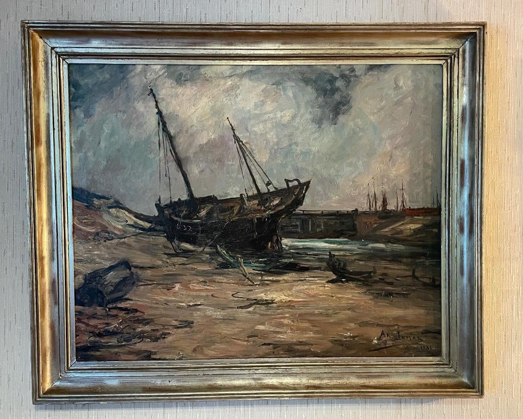 Armand Jamar ( 1870-1946) HST "la barque échouée" 100x80 cm, Antiquités & Art, Art | Peinture | Classique, Enlèvement
