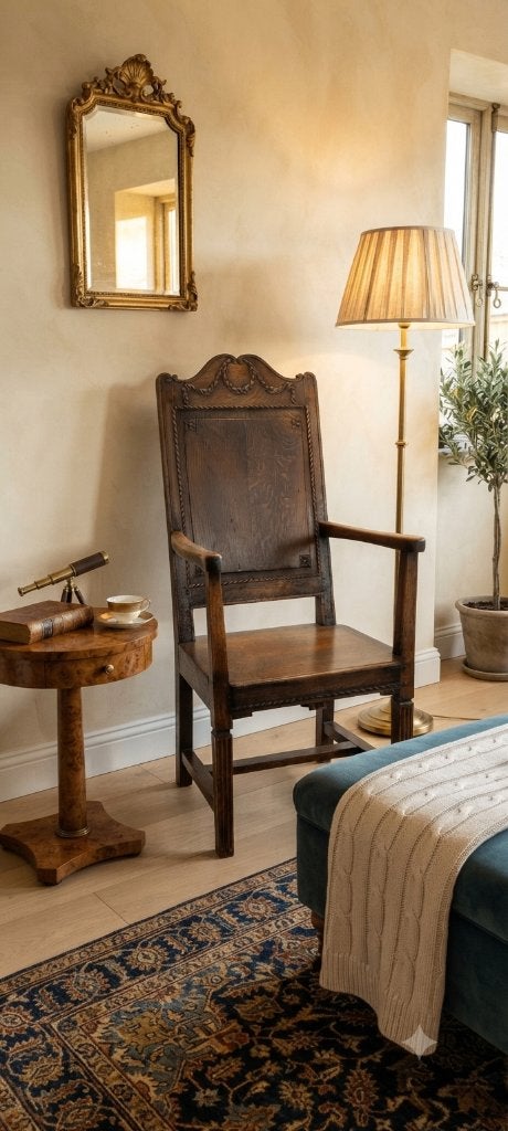 Antieke Houten Armstoel met Snijwerk (Gebruikt), Gebruikt, Bruin, Eén, Hout