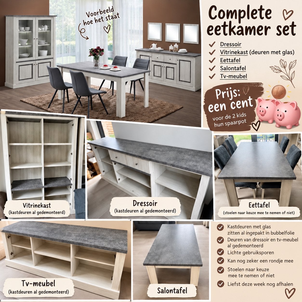 GERESERVEERD Complete eetkamer + salontafel en tv-meubel, Enlèvement, Utilisé, Landelijk modern, 4 à 6 chaises