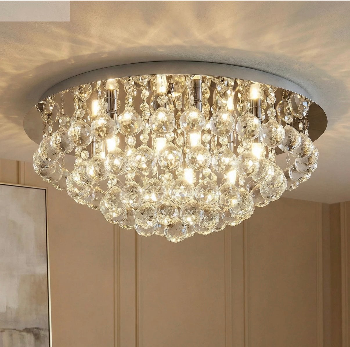 Plafonnier fantastique avec pendentifs en cristal, Maison & Meubles, Lampes | Lustres, Verre, Comme neuf, Enlèvement, Modern, Klassiek, Elegant