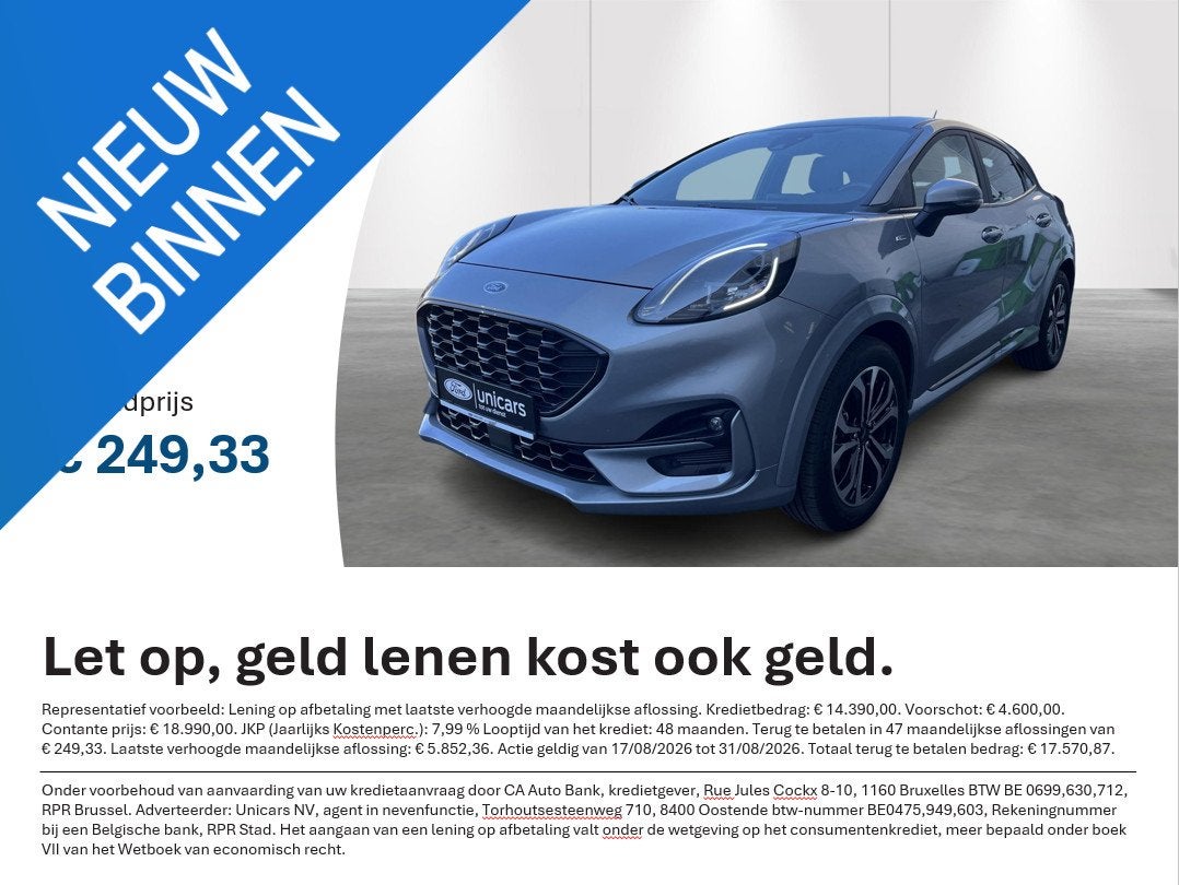 Ford Puma 1.0i Ecoboost MHEV 92kW Aut. ST-Line AUTOMAAT, Stof, 129 g/km, 1404 kg, Bedrijf