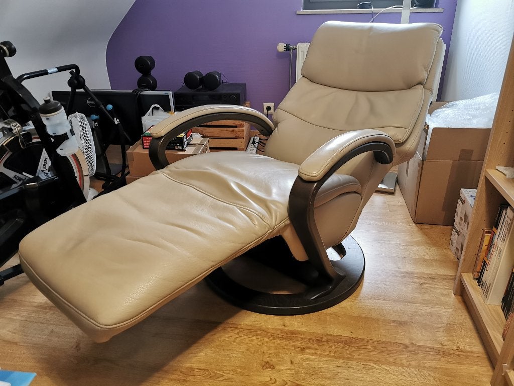 Fauteuil Cuir Relax électrique Cuir vachette Beige, Maison & Meubles, Enlèvement, Comme neuf, Bois