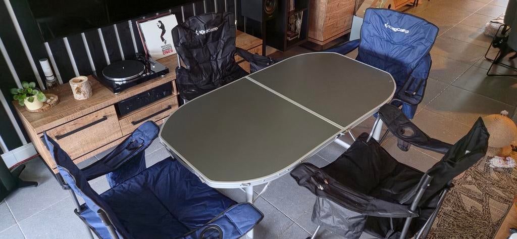 Set tafel en 4 vouwstoelen zwart/blauw, Caravans en Kamperen, Kampeermeubelen, Ophalen
