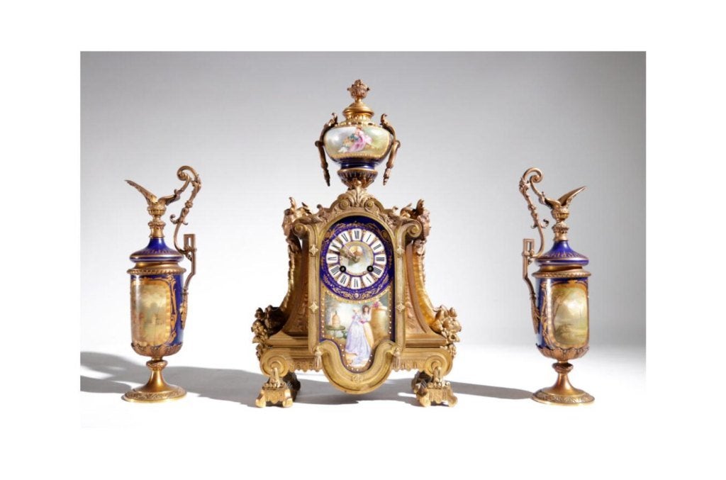Vuurverguld Brons Schoorsteenklokstel Sevres Stijl 19e eeuw, Ophalen