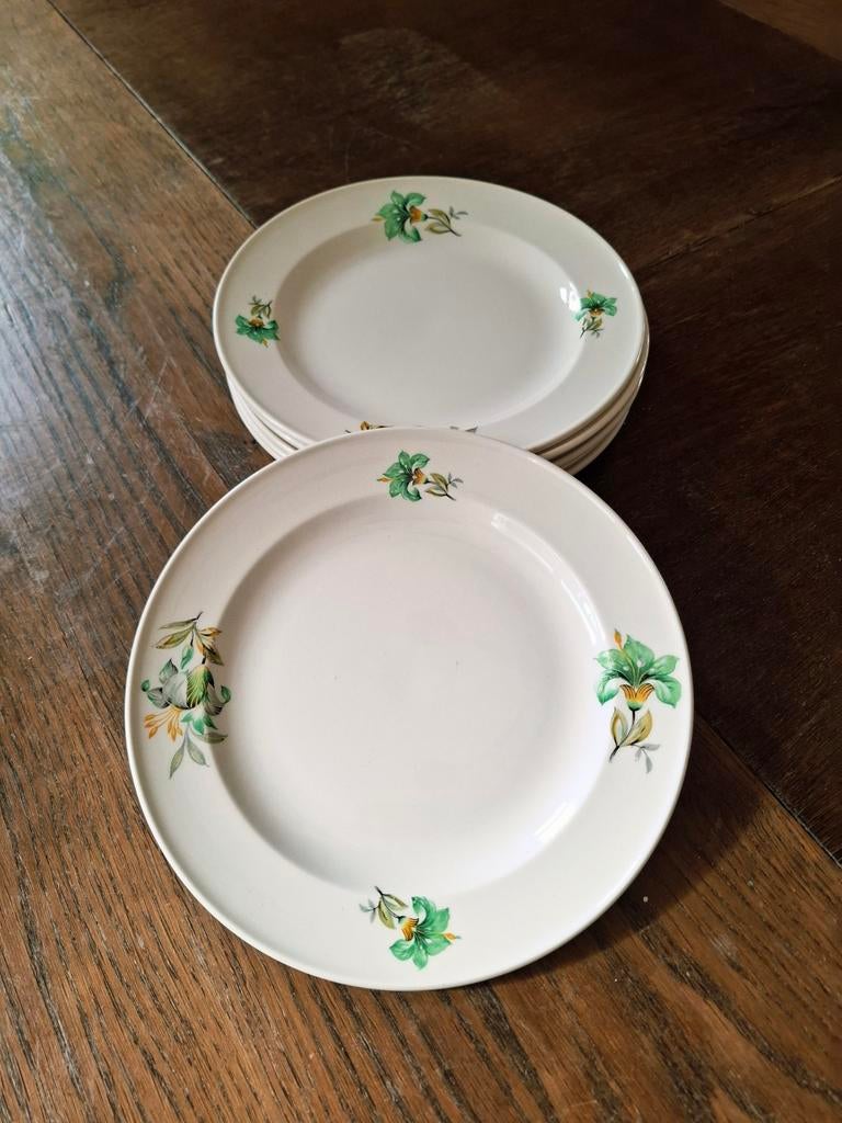 Vintage ontbijtborden Petrus Regout Groene lelie - set van 6, Antiek en Kunst, Ophalen of Verzenden