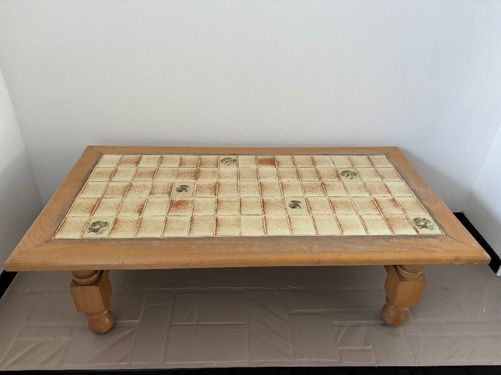 Table Basse Vintage Chêne & Céramique Rétro Chic année 70, Enlèvement