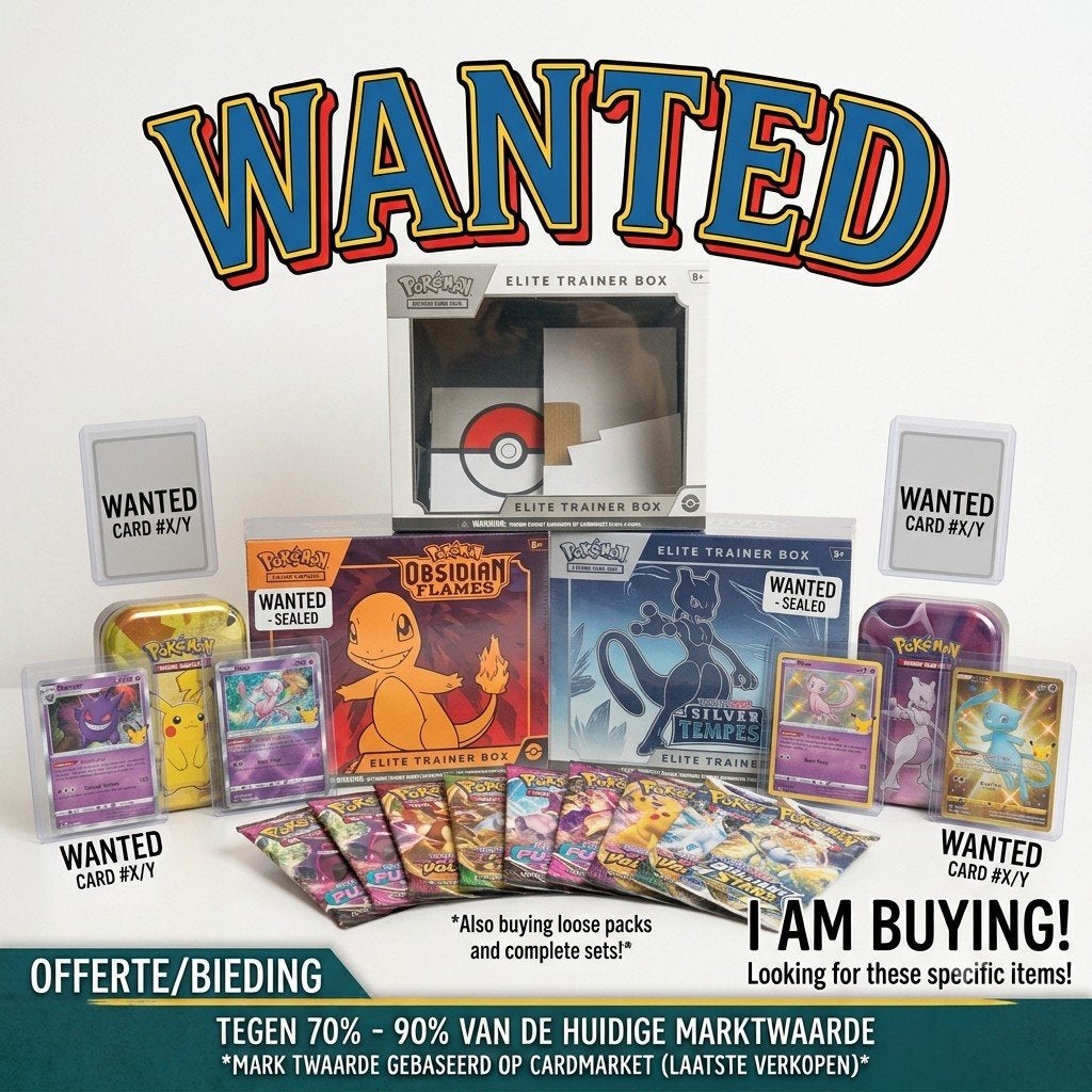 Gezocht: Pokémon kaarten & Sealed items (70-90% Cardmarket), Enlèvement ou Envoi, Neuf, Plusieurs cartes, Foil