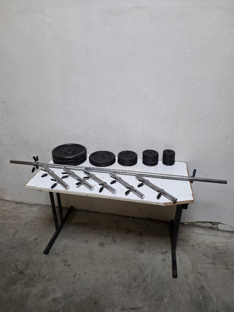 Halter stang - bench bar - Halters met 59.5 kg gewichten, Ophalen, Gebruikt, Benen, Halterschijven