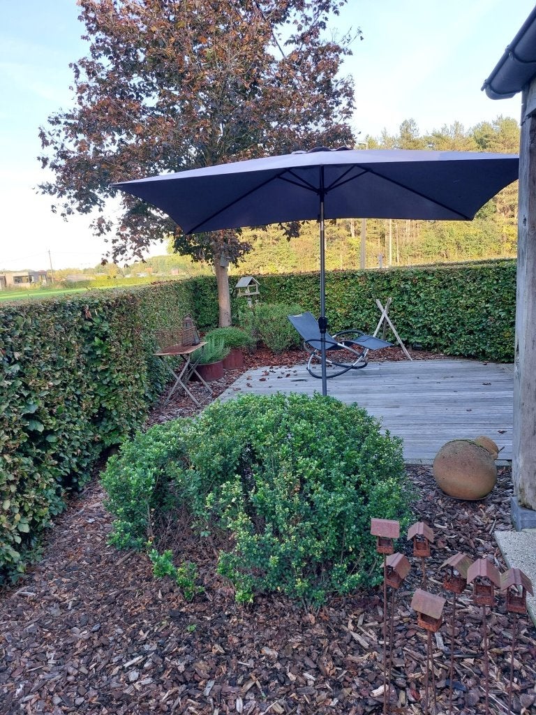 Parasol+voet, Ophalen, Kantelbaar, 2 tot 3 meter, Zo goed als nieuw