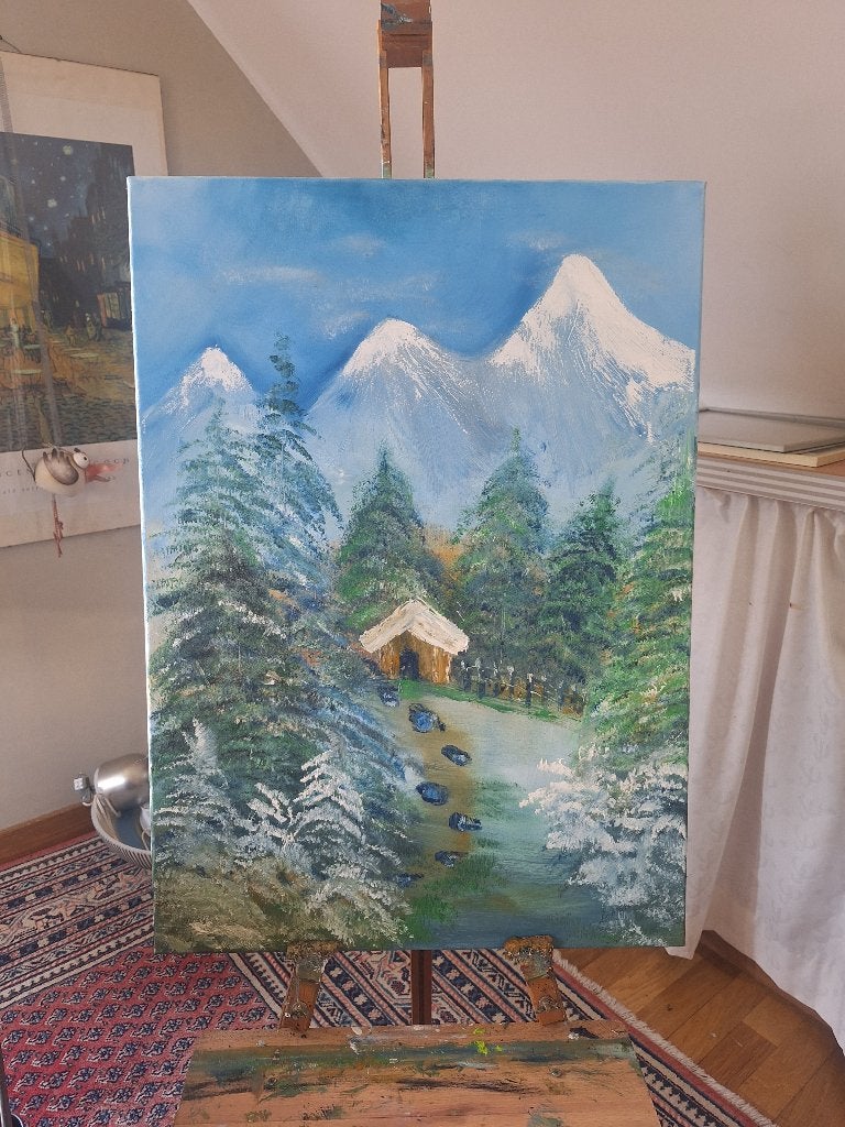 Schilderij olie op doek: winter, Doek, Ophalen of Verzenden, Landschap, Olieverf