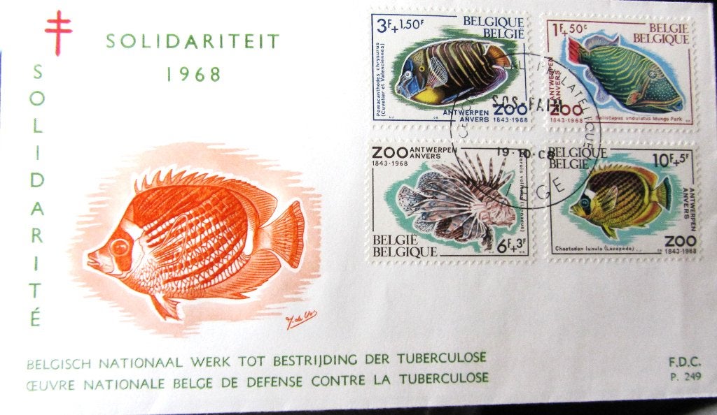 FDC - BELGIË- ZOO ANTWERPEN- VISSEN, Postzegels en Munten, Ophalen of Verzenden, Gestempeld, Dier of Natuur