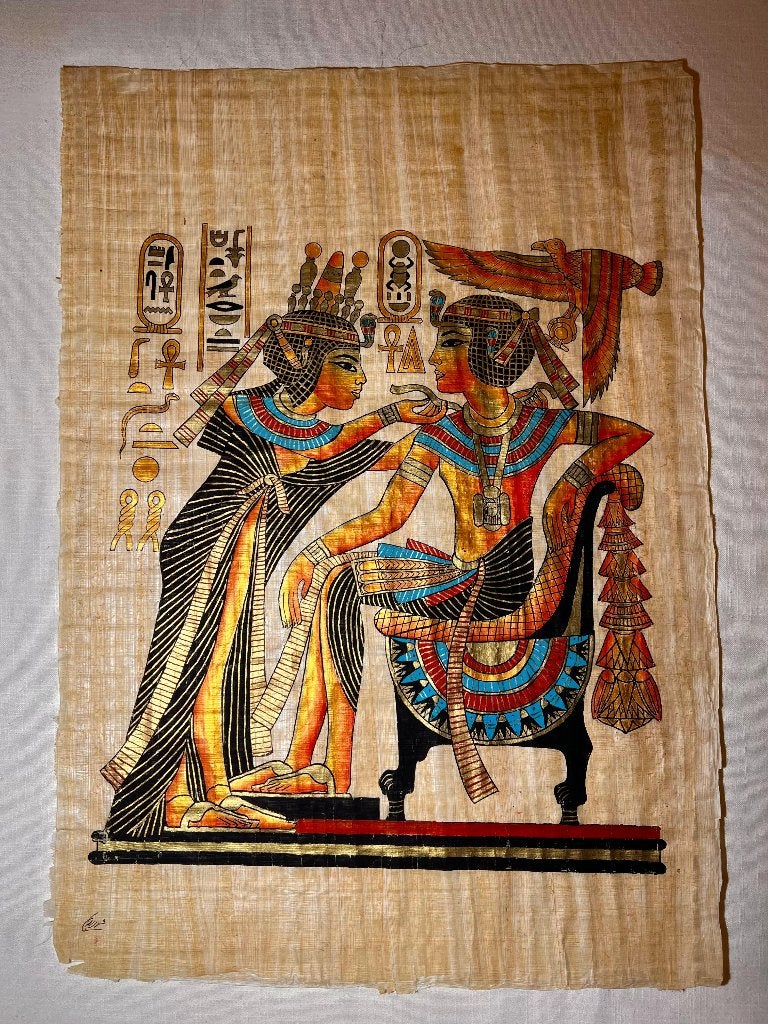 Egyptisch papyrus schilderij Tutankhamun & Ankhesenamun, Antiquités & Art, Enlèvement, Peint à la main, Autres supports