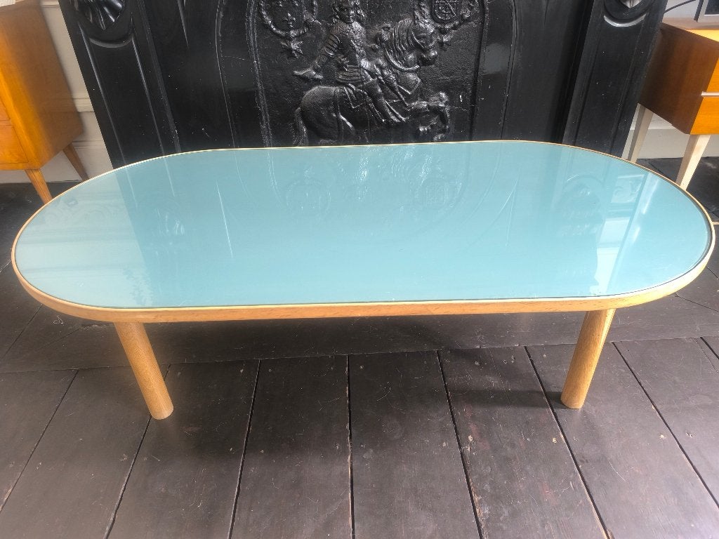 Table basse chêne, plaqué et verre, couleur verte, Maison & Meubles, 100 à 150 cm, Moins de 50 cm, Enlèvement, Utilisé