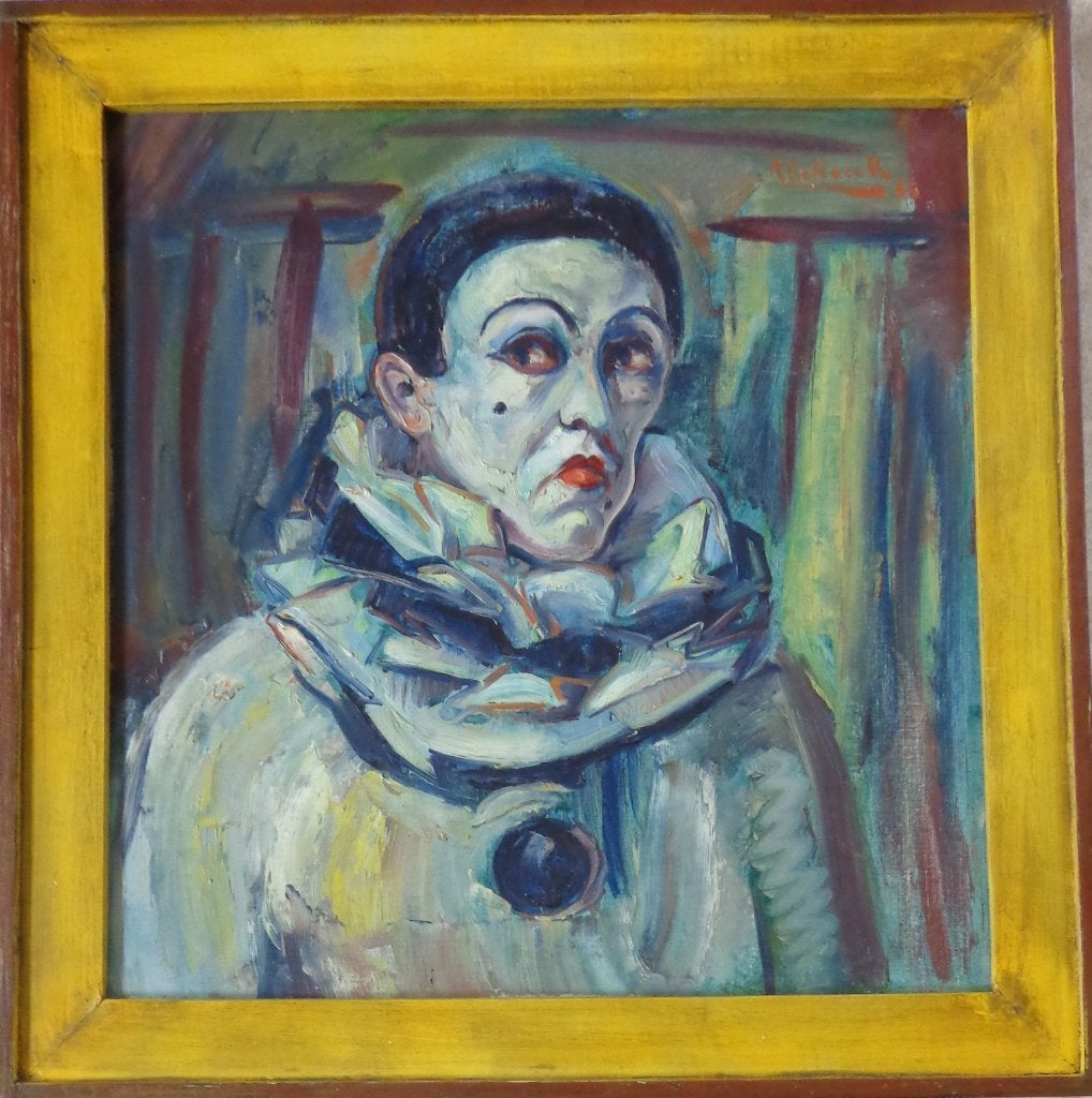 R. DE ROECK / PIERROT / OLIEVERF DOEK / 90x88cm / KADER SIG, Peinture à l'huile, Signé, Figures, Autres matériaux