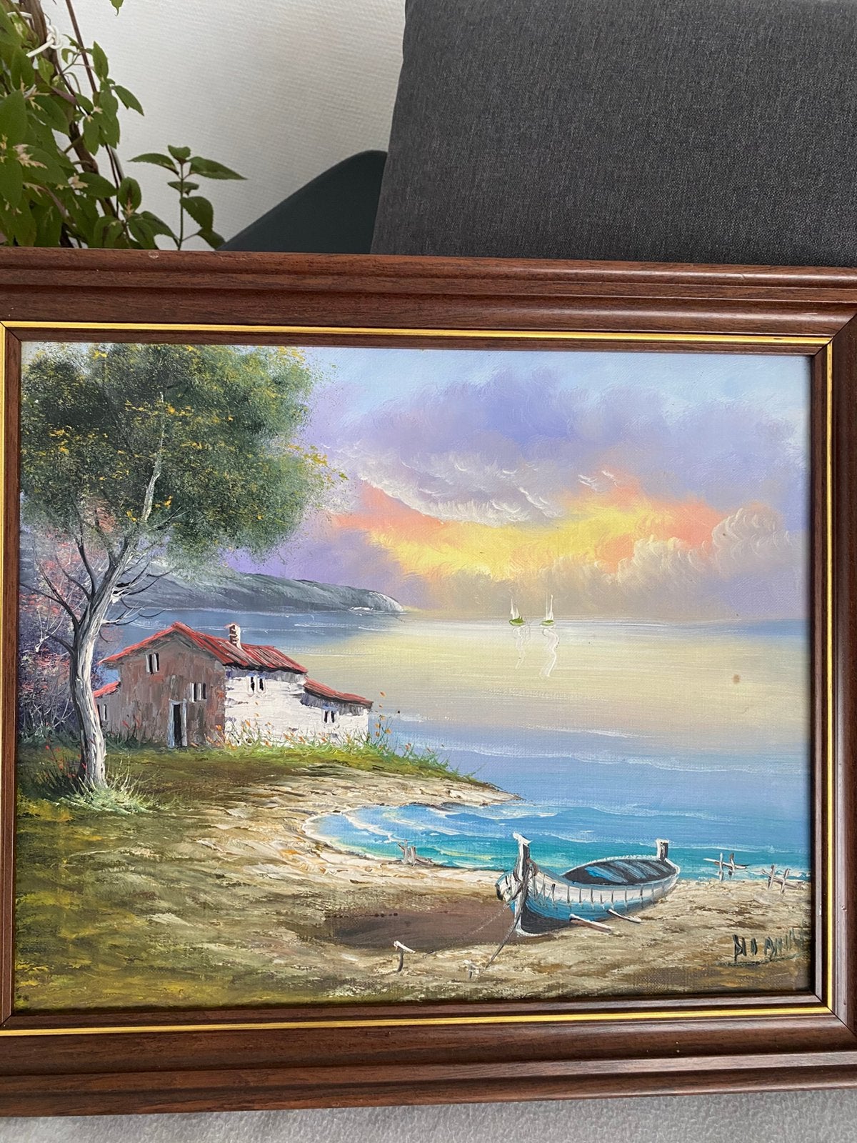 Tableau peinture à l'huile – Paysage marin – Signé H. Brunel, Enlèvement ou Envoi, Signé, Peinture à l'huile, Réaliste