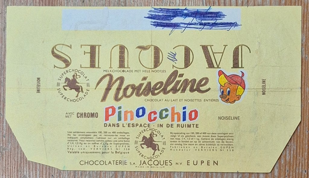 Emballage Chocolat Jacques Pinocchio dans l'espace 1965, Verzamelen, Ophalen of Verzenden, Gebruikt, Verpakking