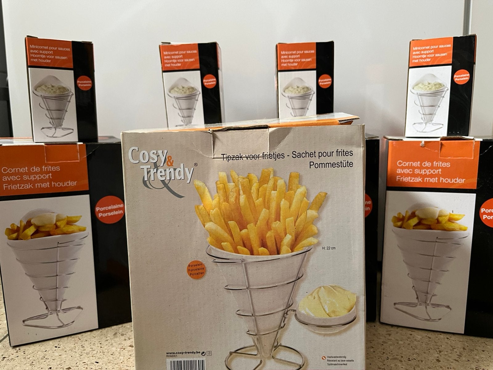 Set van 5 friet- + saushouders (porselein), Ophalen of Verzenden