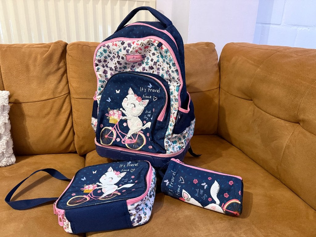 Cartable + sac lunch + trousse, Enlèvement, Utilisé, Bleu, Porte-documents ou Cartable