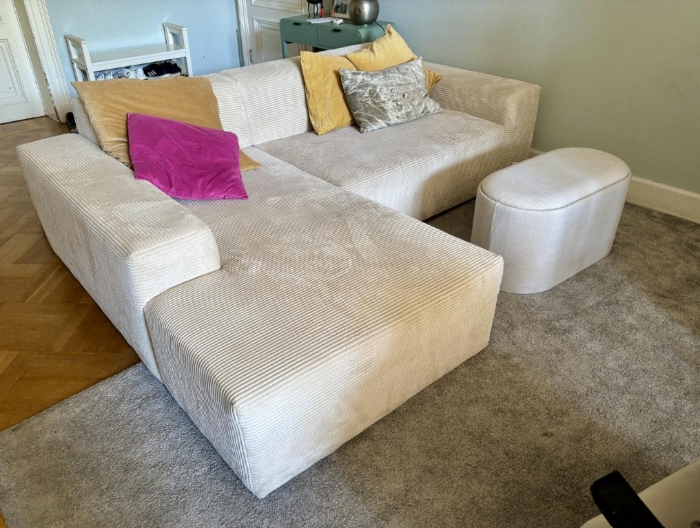 Magnifique canapé avec méridienne – tissu côtelé beige clair, Ophalen, Driepersoons, Zo goed als nieuw, 150 cm of meer