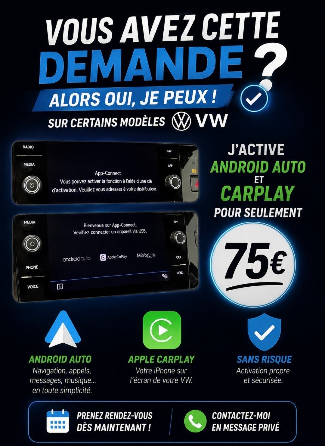 Sur vw uniquement Activation Android auto et carplay., Enlèvement