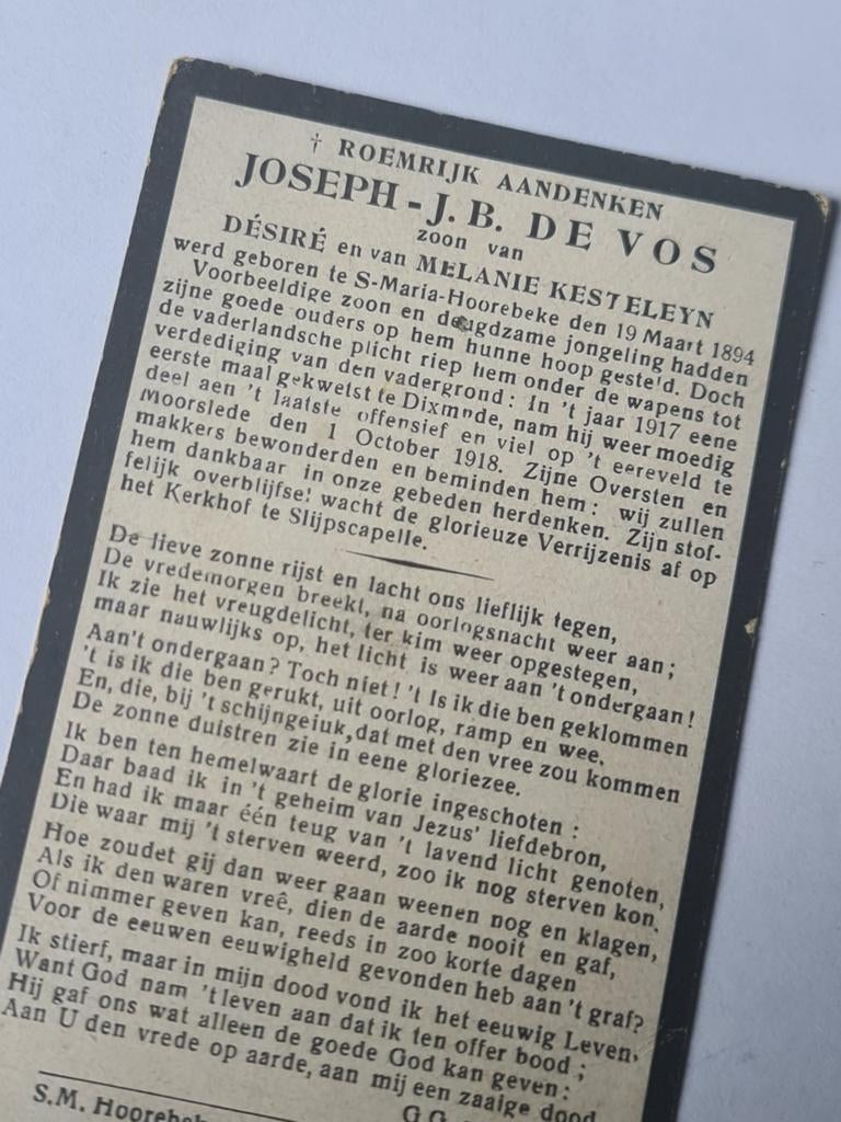 Gesneuvelde soldaat Joseph J.B De Vos 14-18, Verzamelen, Bidprentjes en Rouwkaarten, Ophalen of Verzenden