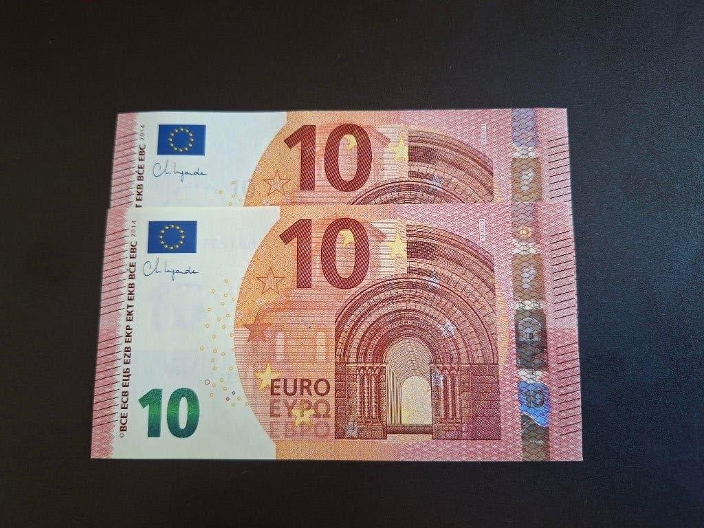 2014 Portugal 2x 10 euros nouvelle série Lagarde code M002, Timbres & Monnaies, Billets de banque | Europe | Euros, Série, Portugal