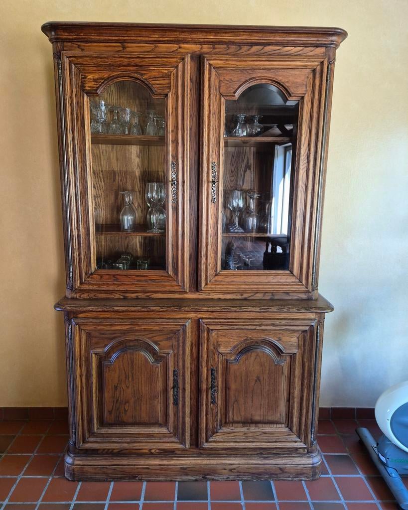 Eiken vitrinekast (bovenkast met glas + onderkast), Huis en Inrichting, Kasten | Buffetkasten, Ophalen, Zo goed als nieuw, Glas