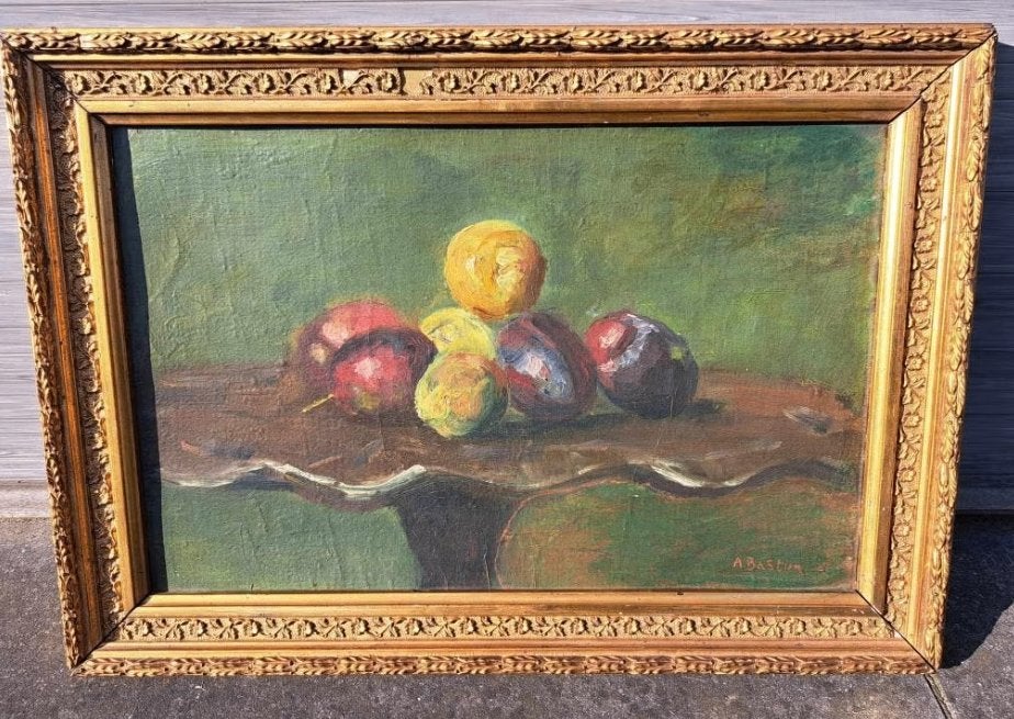 huile sur panneau nature morte signe alfred bastien, Antiquités & Art, Enlèvement ou Envoi, Nature morte, Panneau
