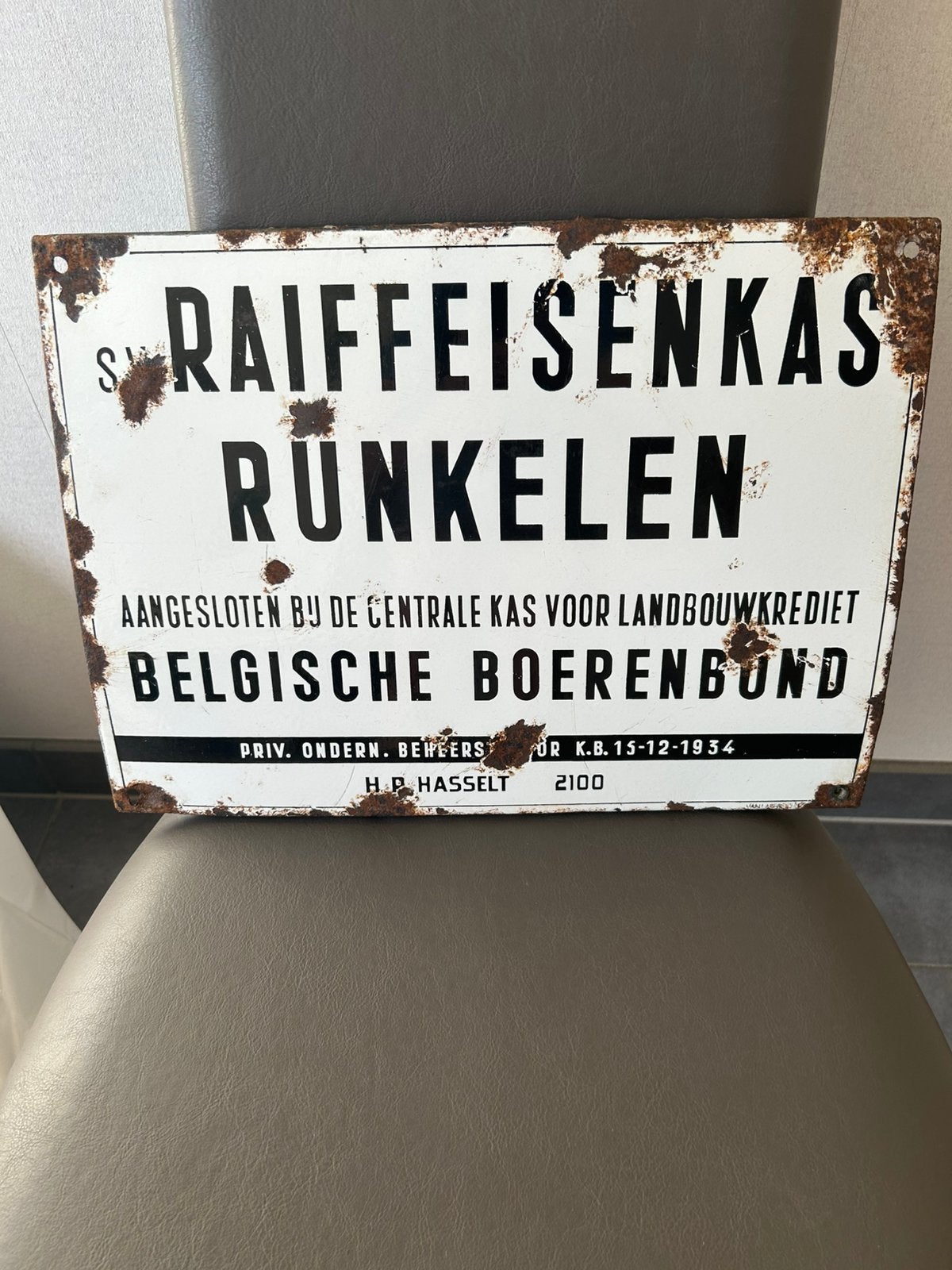 Emaille bord Raiffeisenkas Runkelen, Ophalen of Verzenden, Zo goed als nieuw