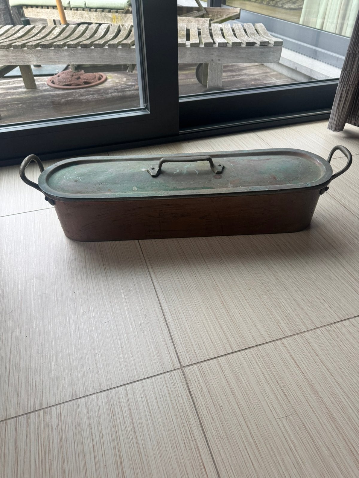 Antieke Koperen Vispan (Poissonnière) met Binnenrooster – 80, Ophalen of Verzenden, Koper