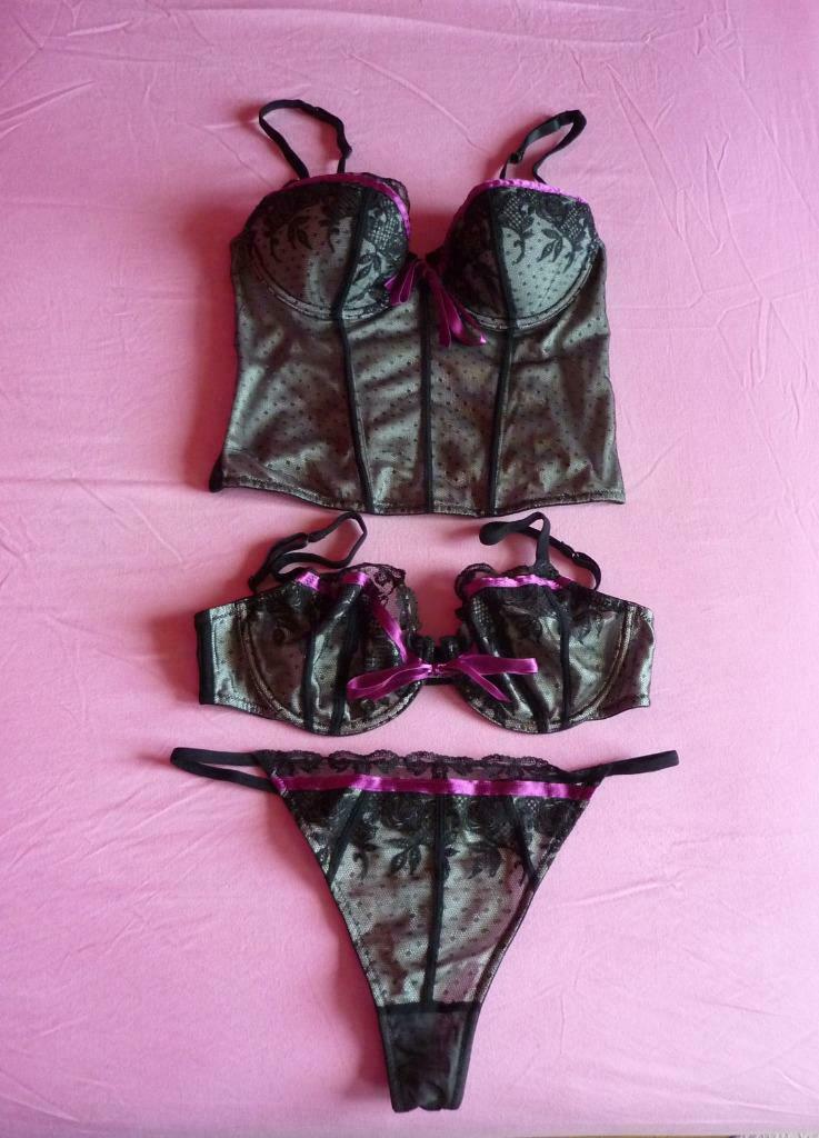 3-delig lingeriesetje Zwarte kanten bustier BH en string, Enlèvement ou Envoi, Soutien-gorge