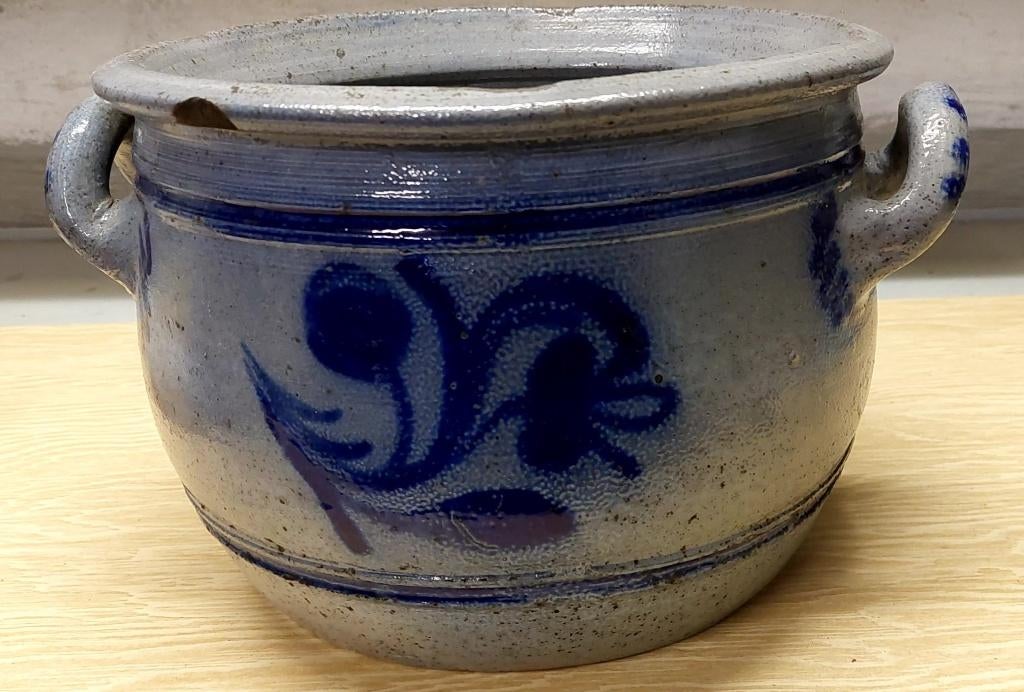 Antieke steengoed pot met oren – blauw decor - Vintage, Ophalen of Verzenden