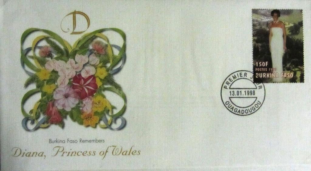 GROTE FDC- PRINSES DIANA MET POSTZEGEL OUAGADOUGOU, Ophalen of Verzenden, Gestempeld, Koningshuis