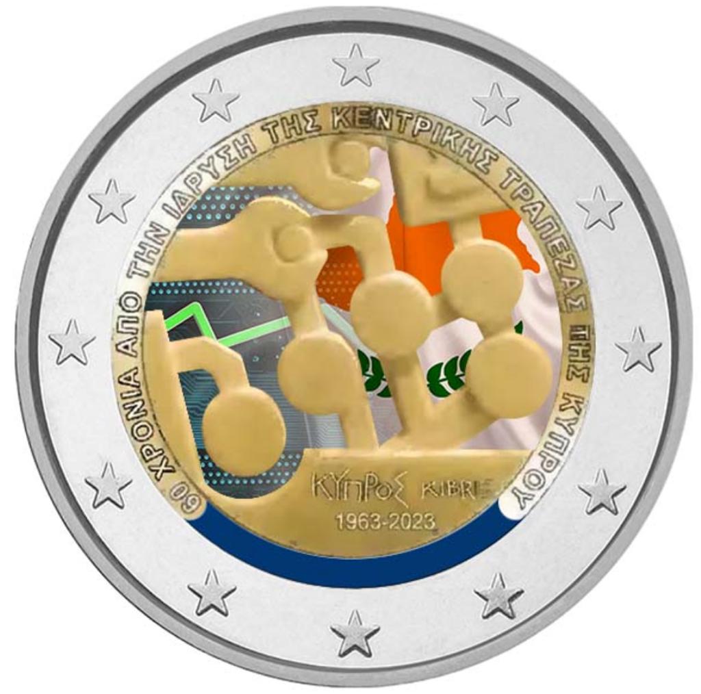 2 euro Cyprus 2023 60 jaar Centrale Bank gekleurd, Postzegels en Munten, Munten | Europa | Euromunten, Ophalen of Verzenden, Cyprus