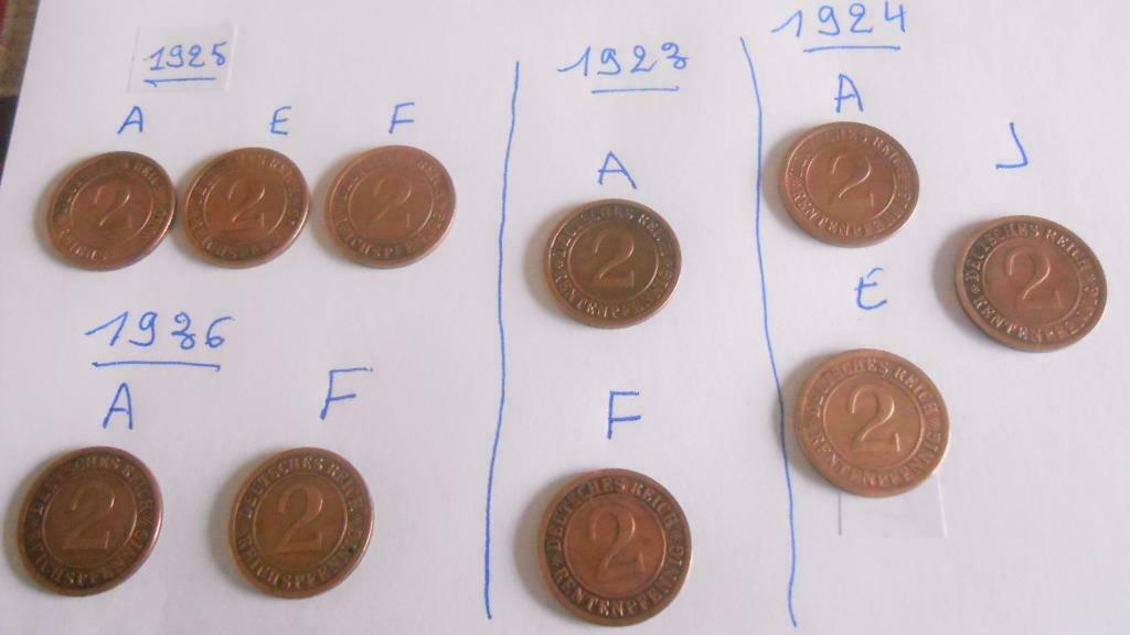 Deutsches Reich - 2 rentenpfennig - 1923 -1924 -1925 -1936, Envoi, Allemagne, Monnaie en vrac