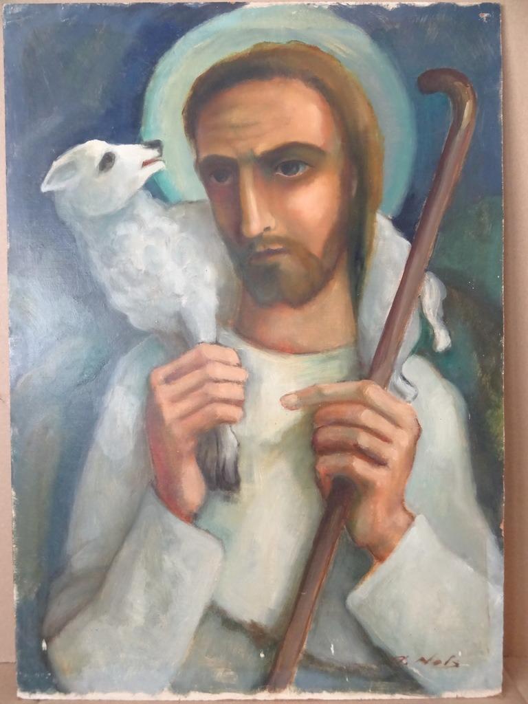 Peinture ancienne Jésus le Bon Berger 41x58cm Arthur Nols, Enlèvement ou Envoi