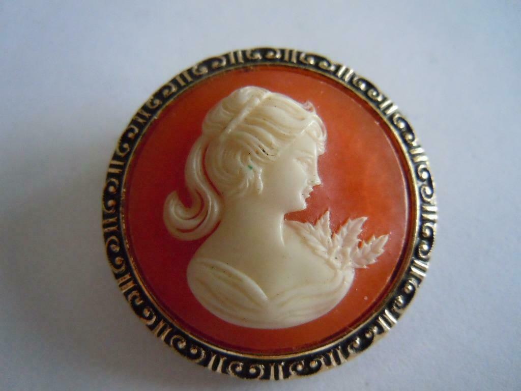 Vintage clip broche voor sjaal, met camee afbeelding, Overige materialen, Gebruikt, Minder dan 4 cm, Oranje