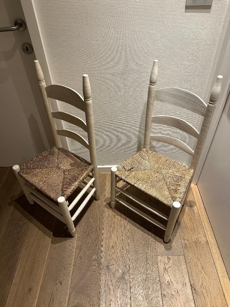 2 chaises rustiques blanches en bois avec assise tissée, Maison & Meubles, Chaises, Landelijk - rustiek, Osier ou Rotin, Deux