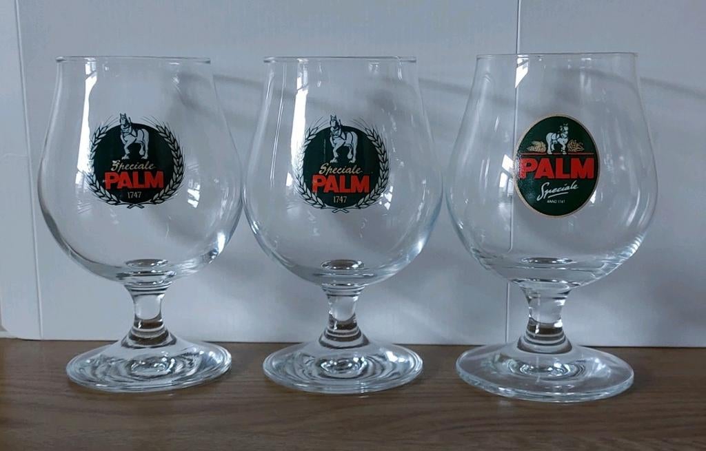 3 bierglazen speciale Palm glazen - verschillend motief!, Enlèvement ou Envoi, Comme neuf, Verre ou Verres, Palm