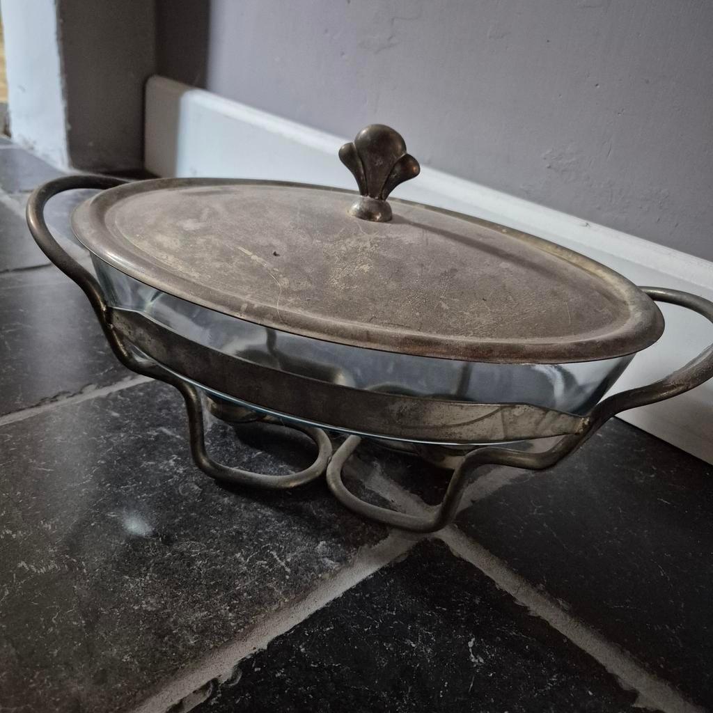 Mooie vintage serveerschaal met deksel en warmhouder, Antiek en Kunst, Ophalen of Verzenden