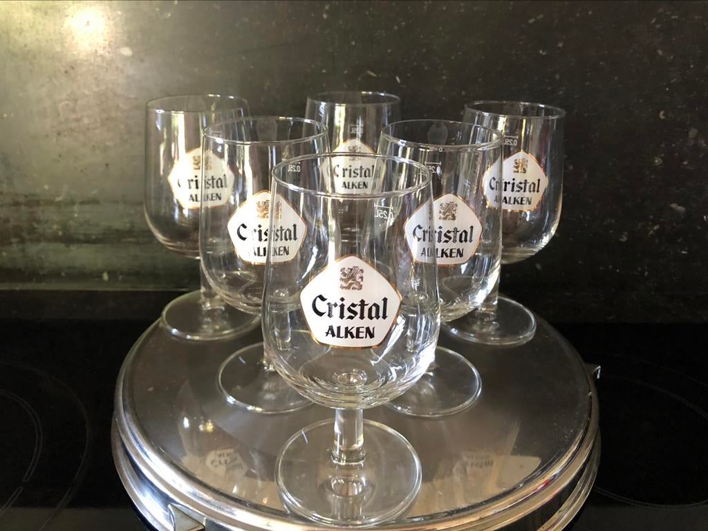 CRISTAL ALKEN oud glas op rechte voet 6x, Verzamelen, Biermerken, Zo goed als nieuw, Glas of Glazen, Overige merken, Ophalen of Verzenden