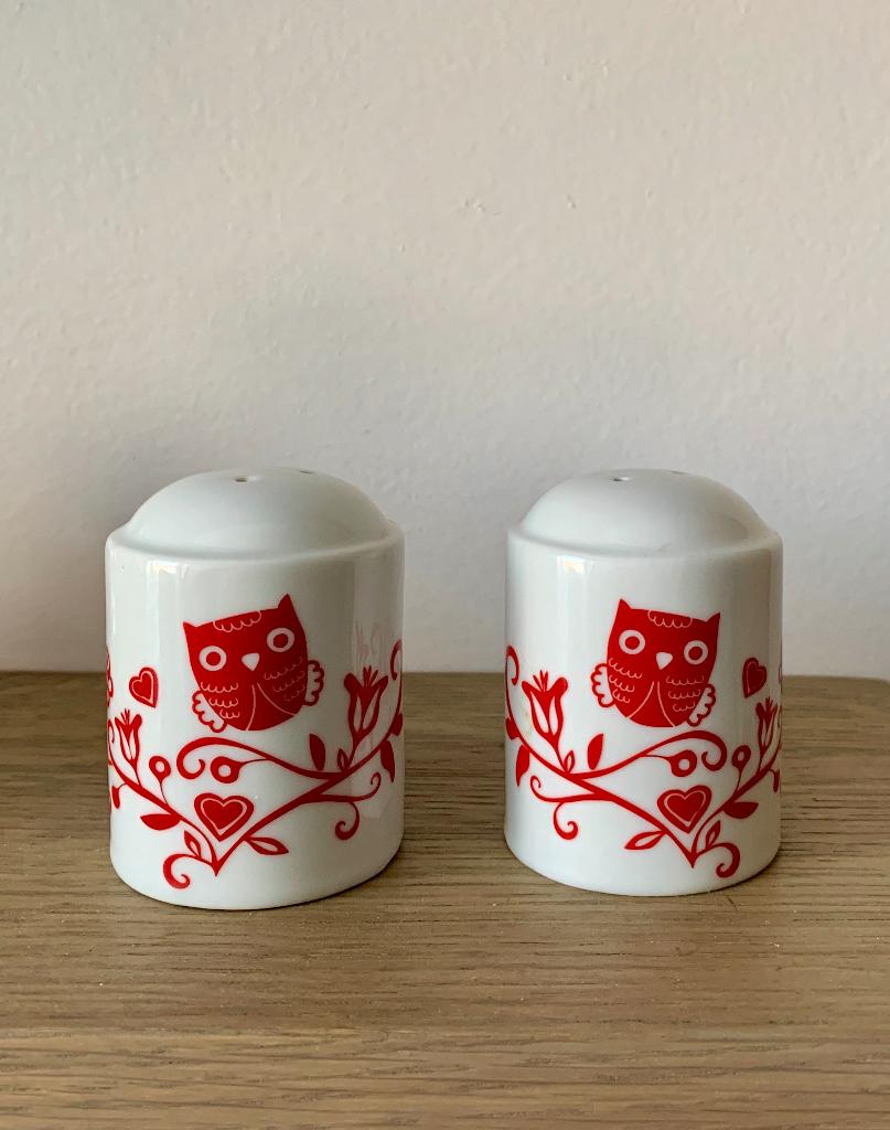 Peper- en zoutstel uil Scandinavisch design wit keramiek, Keramiek, Overige typen, Ophalen of Verzenden, Zo goed als nieuw